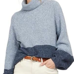 Barbour Navy and Baby Blue Color-block Balloon Sleeve Turtleneck Sweater Size 8